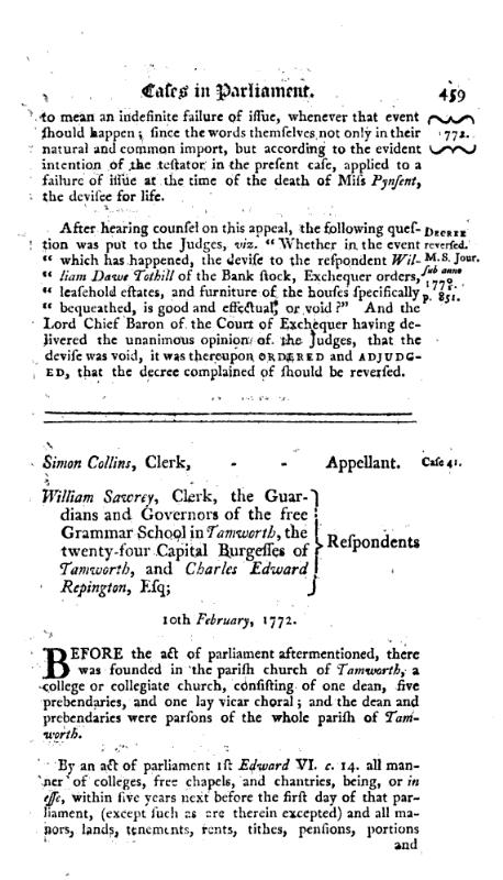Reports of cases, upon appeals and writs of error, in the High Court of Parliament 1772 p.459